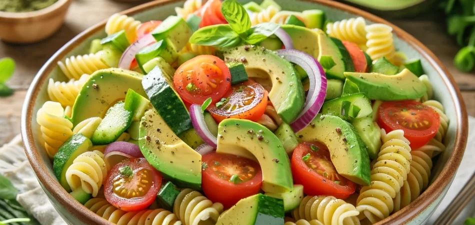 ensalada de pasta vegana con salsa de aguacate