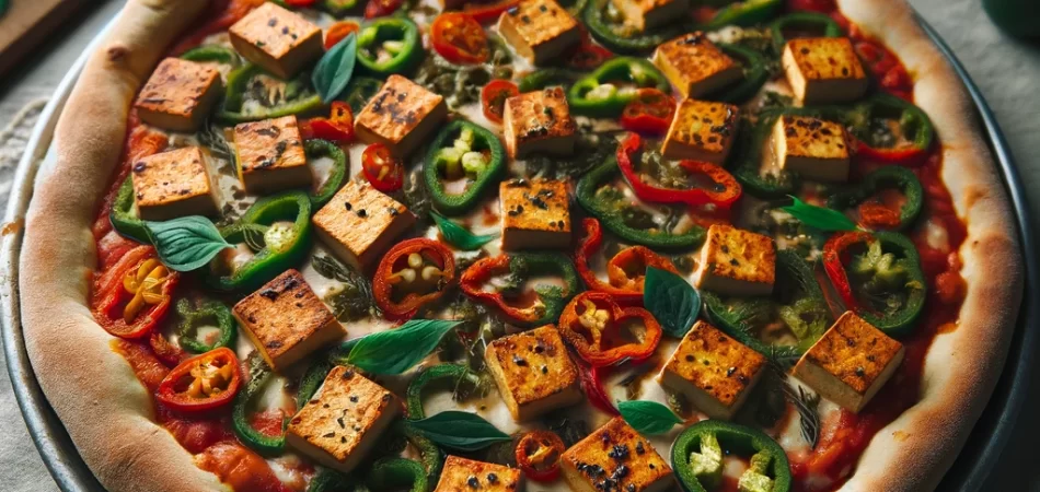 pizza vegana de tofu y pimientos