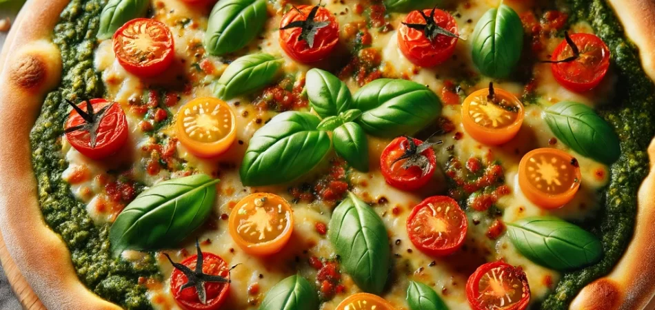 pizza vegana de pesto y tomates cherry